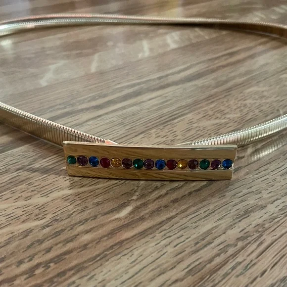 VTG Gold-toned mesh snake chain belt with multi colored gems - Picture 1 of 7